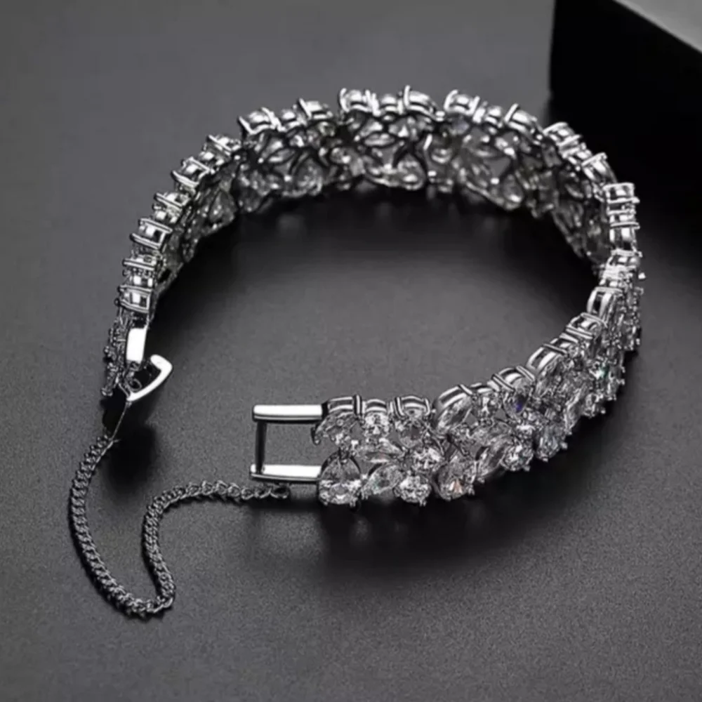 Rhodium Plated Floral Crystal Tennis Bracelet Silver Double Row Sparkle - Picture 5 of 6